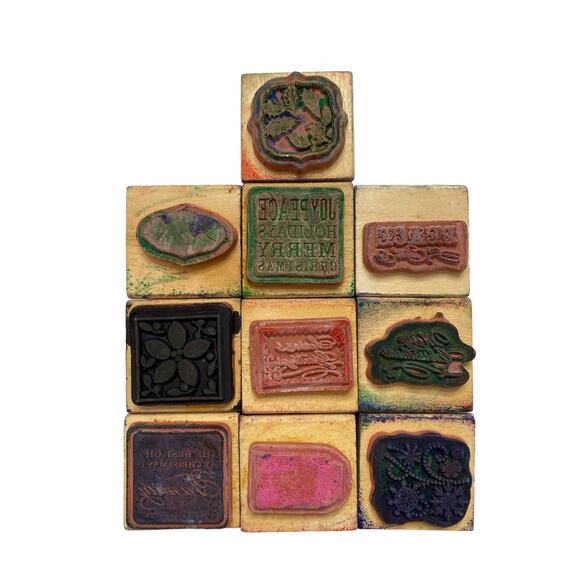 Lot of 10 Christmas Wood Mount Ink Stamps Peace of Earth Joy Peace Believe Gift - Picture 2 of 4